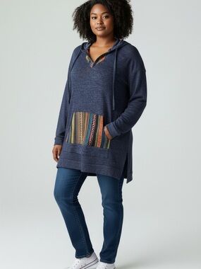 Moa Moa Cozy Navy Hooded Pullover with Striped Pocket Sz xlarge